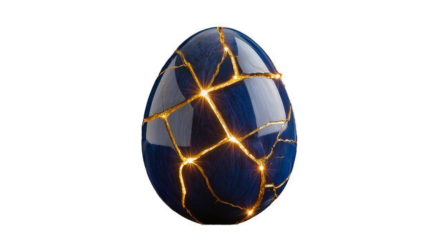 An artistic dark blue egg with a polished, reflective surface featuring glowing golden veins in the style of Japanese kintsugi. The cracks are filled with gold, symbolizing that broken things can be m