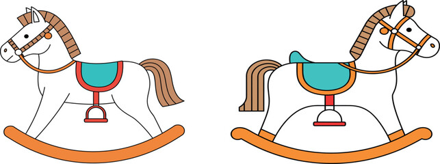 Vintage wooden rocking horse toy vector illustration set for nursery decor baby shower invitations children playroom and kindergarten educational branding.