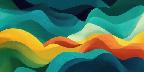 Abstract wavy landscape illustration featuring flowing, layered shapes in vibrant colors