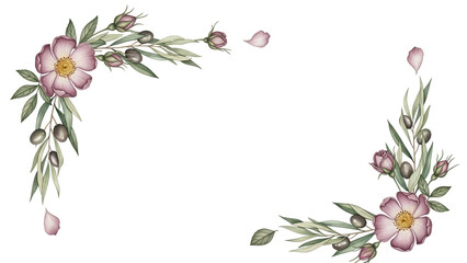 Hand painted elegant watercolor corner frame with wild roses and olive branches in muted mauve isolated on white background.png