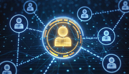 Connected World: A network of interconnected icons representing people forms a complex web, symbolizing global communication and social interaction in a vibrant, futuristic style.