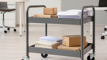 Metal office trolley with documents, envelopes and boxes on wheels in a workspace interior, illustrating internal mail delivery, document circulation and daily office routine