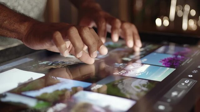 Medium shot capturing dynamic user interaction with a customizable search portal interface emphasizing accessibility features and smooth usability in various lighting modes.