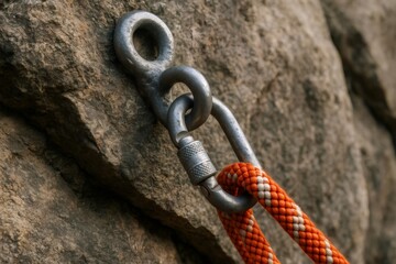 Heavy duty metal anchor and carabiner securely holding a bright orange climbing rope to a rough rock surface