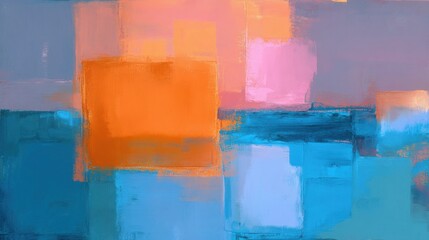 Abstract Colorful Oil Painting Orange Blue Pink Geometric Blocks