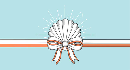 Unique maritime illustration of a white seashell adorned with a striped ribbon bow and sparkling rays on a light blue background.
