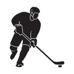 Hockey Player in Action with Stick and Puck in Monochromatic Silhouette on White Background for Sports Illustration