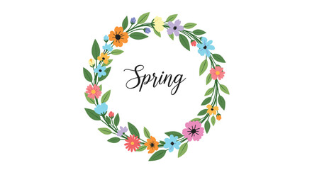 Naklejka premium Beautiful floral wreath composed of colorful spring blossoms and green foliage surrounding the handwritten word Spring.