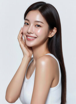 Asian Woman Beauty Portrait with Long Hair and Sleeveless Style, Korean Beauty Model Glowy Skin Skincare Concept, Natural Pure Clean Skin Asian Female Cosmetic Model