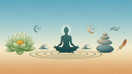Silhouette of person meditating in lotus pose surrounded by symbols of nature and tranquility vector illustration for wellness and mindfulness concepts