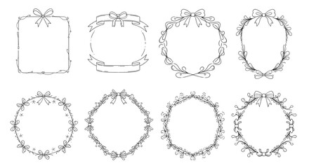 Comprehensive set of eight circular and rectangular frames decorated with delicate bows and floral vines for event stationery.
