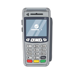 A flat-design illustration of a credit card reader with a check mark on the screen