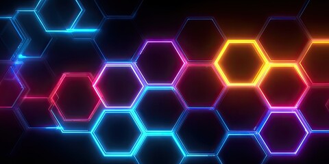 Glowing hexagonal pattern with a gradient of colors, from blue to orange on a dark background