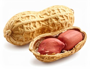Peanut shell open, revealing two pink peanuts; another peanut whole