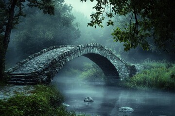 Misty stone bridge crossing a serene river in a tranquil forest setting