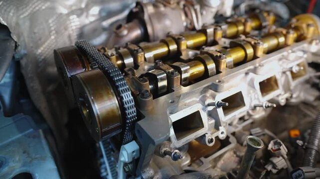 Camshaft and timing gears with chain rotating in engine. Operating principle of valve timing mechanism of internal combustion engine. Disassembled engine without valve cover.