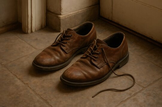 Brown leather shoes placed on a rustic tiled floor near a doorframe, one shoelace undone, representing comfort and routine - Powered by Adobe