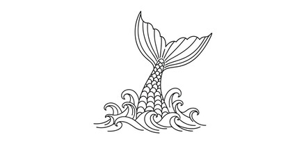 Elegant black and white line art illustration of a scaly mermaid tail emerging from stylized ocean waves on a white background.