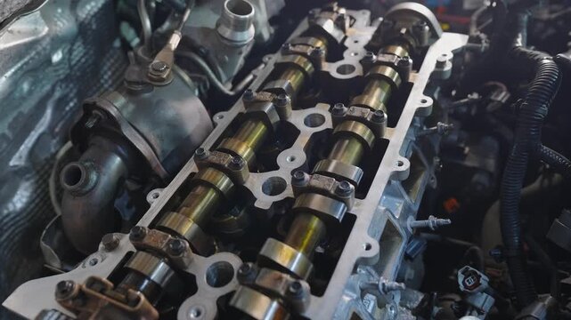 Working engine components. Camshafts with phase shifters installed in the cylinder block. A mechanic tightens the bolts on the camshaft journals of a car engine using a socket wrench. Engine overhaul.