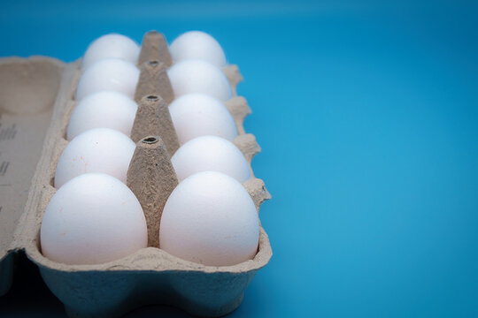 Ein Eierkarton mit weissen H&uuml;hnereiern vor blauem Hintergrund