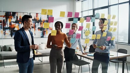 Diverse team collaborates on a brainstorming session using sticky notes on glass walls to map out ideas and strategies for innovative business solutions