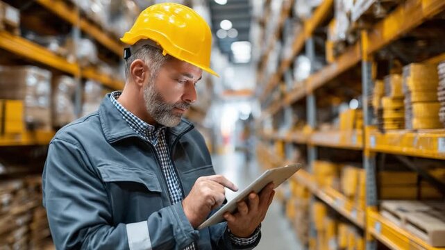 Warehouse Worker: A focused worker, in a yellow hard hat, meticulously inspects the inventory. A scene depicting diligent management and logistics operations
