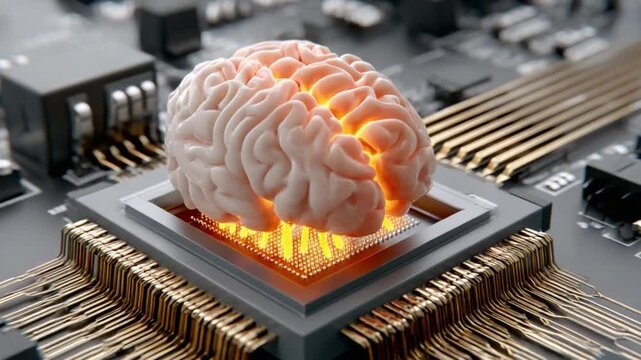 Digital Brain: An artistic portrayal of a human brain integrated with a computer's central processing unit, signifying the evolution of artificial intelligence and digital innovation.
