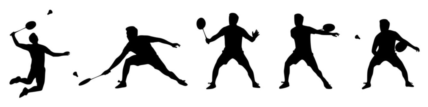 silhouettes of male badminton players in various action poses during a game. 