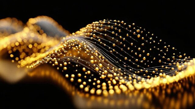 Golden Particle Wave: Abstract visualization of a golden wave comprised of countless particles, set against a dark backdrop, creating a mesmerizing visual of energy, motion, and interconnectedness.