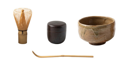 Traditional Japanese tea ceremony objects including ceramic tea bowl, bamboo whisk and scoop, presented in authentic wabi sabi style. Minimalist composition isolated on white background, ideal for