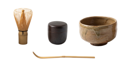 Traditional Japanese tea ceremony objects including ceramic tea bowl, bamboo whisk and scoop, presented in authentic wabi sabi style. Minimalist composition isolated on white background, ideal for