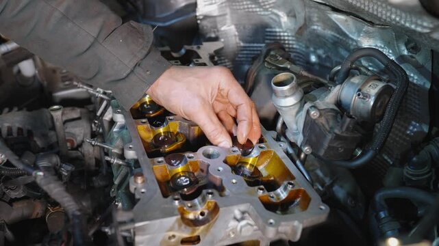 Mechanic's hand installs hydraulic compensator into valve seat on internal combustion engine. Close-up engine repair, maintenance. Process of overhauling the engine block, cylinder head. Auto repair.