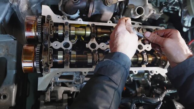 A mechanic's hands tighten the camshaft bolts on an internal combustion engine. Close-up of engine repair and maintenance. The process of replacing the camshaft. Manual work in an auto repair center.