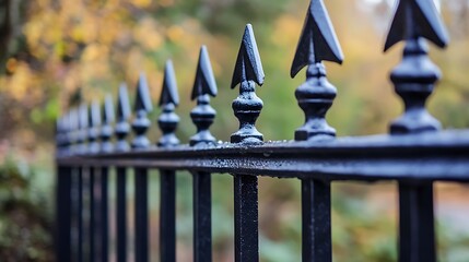 A black metal fence railing with sharp pointed arrowhead tips
