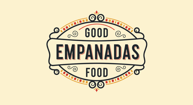 Vintage style circular emblem for good empanadas food with decorative swirls and a warm color palette on a cream background.