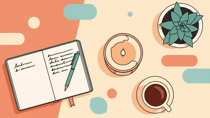 Cozy workspace flat lay with open notebook pen coffee cup and candle representing planning and relaxation perfect for lifestyle blogs and creative concepts