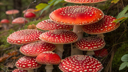 Natural Amanita hallucinogenic mushroom caps with matte orange and red colors, distinct white spots, and realistic texture. Top view. The concept of treatment with microdosing mushrooms.
