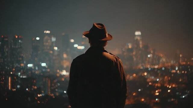 A solitary figure in a fedora gazes at the glowing city skyline, reflecting on life under the starry night, embodying mystery and introspection in urban solitude.