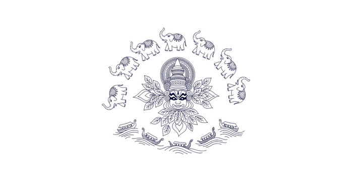 Kerala Traditional Festival Vector Outline Artwork featuring Kathakali Dance Elephants and Snake Boats