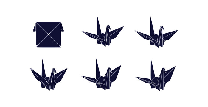 Minimalist Japanese Origami Paper Crane Vector Icon Set Geometric Tsuru Symbol