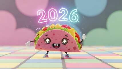 A cheerful taco character stands on a colorful floor with neon lights.