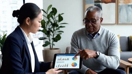 Two professionals review a digital marketing plan on a tablet collaborating in a modern office setting to analyze data and strategize for business growth