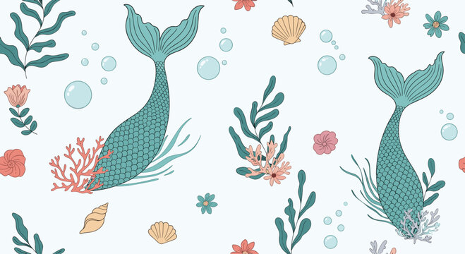 Whimsical seamless pattern featuring mermaid tails, coral reefs, seaweed, and seashells on a light blue background for nursery.
