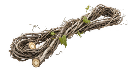 A bundle of tangled brown vines with small green leaves and cut ends, of transparent