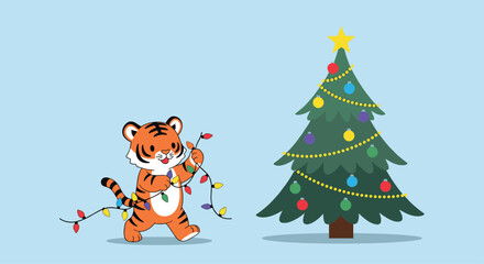 Fototapeta premium Adorable cartoon tiger character decorating a tall green Christmas tree with colorful lights on a light blue background.