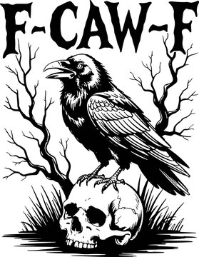 F Caw F SVG, Raven on Skull SVG, Crow on skull SVG, Wild Bird Svg