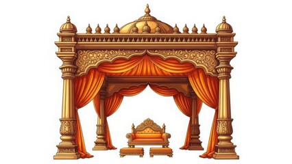 Ornate Golden Mandap with Orange Drapes and Throne wedding indian wedding