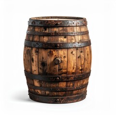 Obraz premium Aged wooden barrel with metal hoops, aged grain, isolated white background