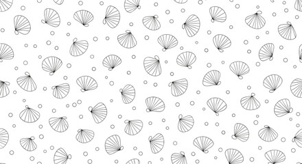 Fototapeta premium Minimalist seamless pattern with black line drawings of seashells and small circles scattered across a white background for a clean marine look.