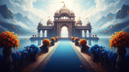 Ornate Indian palace entrance with blue carpet and floral decorations architecture grand